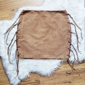 Timing Brown Faux Leather Fringe Mini Skirt Small